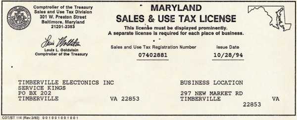 Timberville Electronics Inc Sales Tax Certificates